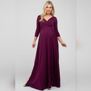 PinkBlush Plum Solid Sash Tie Maternity Maxi Dress